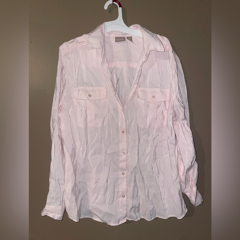 Ladies Chico’s Soft Pink Button Down Dress Shirt sz L 12 Roll and Button Sleeves